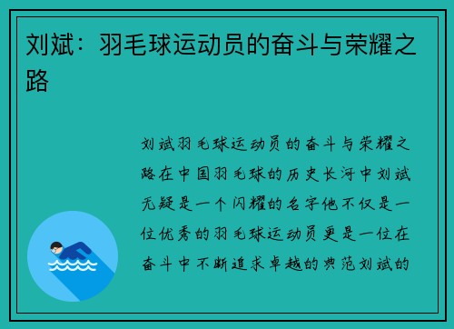 刘斌:羽毛球运动员的奋斗与荣耀之路